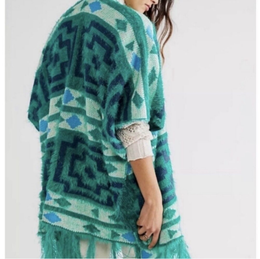Free People Boho Kimono Poncho Diamondback Design Emerald Blue OS 36.5"W 32"LNew - Picture 3 of 10